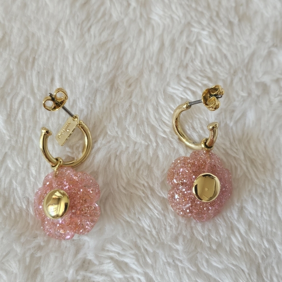 Coach Tea Rose Stud Dangle Earrings Half Hoop Pink Gold Pearl Resin - Picture 4 of 5